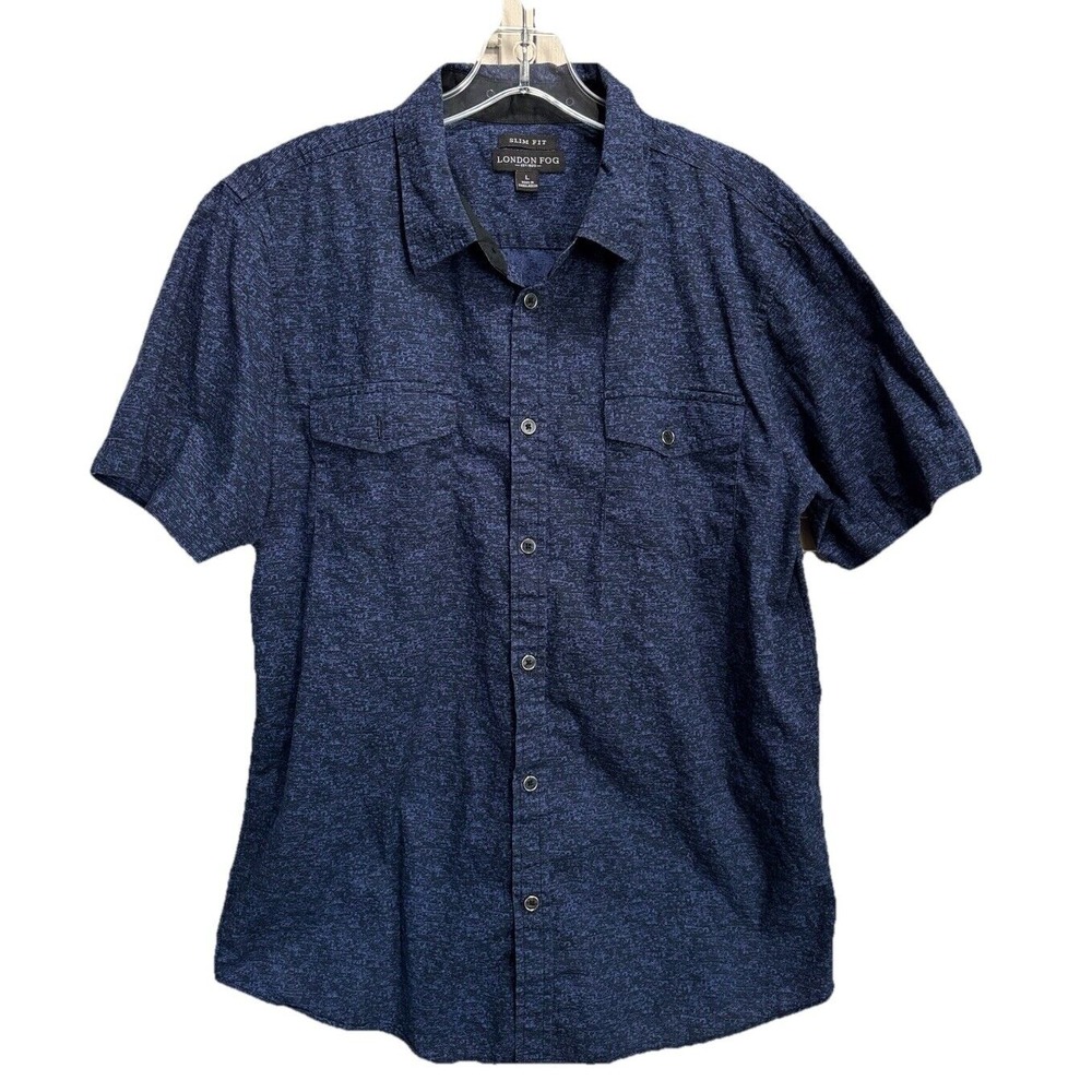 London Fog Slim Fit Button Up Shirt Size L Black/Blue‎ Short Sleeve Cotton